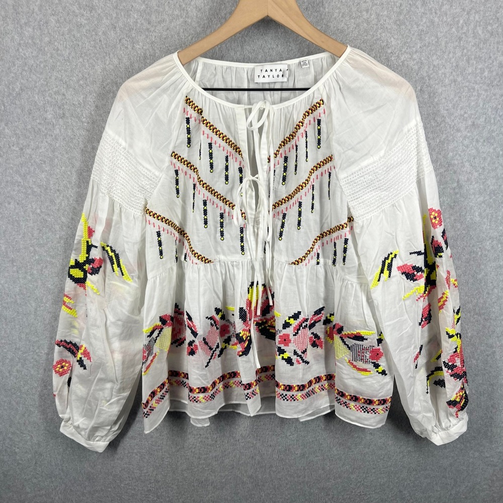 Tanya Taylor Embroidered Peasant Blouse Womens 4 White Cotton Boho Long Sleeve
